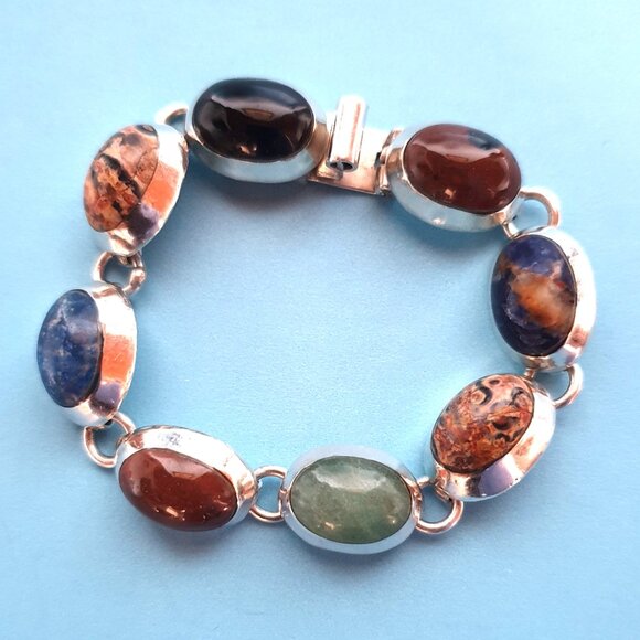 Chunky Vintage Taxco Mexico TH-75 Sterling Silver Multi-Gemstone Link Bracelet - Picture 4 of 16